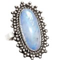 Victorian Long Oval Rainbow Moonstone .925 Silver Ring Size US 8 / UK Q