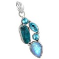 Natural Neon Blue Apatite Rough, Moonstone, Blue Topaz Solid .925 Sterling Silver Pendant
