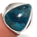 Natural Blue Apatite Pear Shape Gemstone .925 Silver Ring Size 8.5 or Q1/2