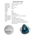 Natural Blue Apatite Pear Shape Gemstone .925 Silver Ring Size 8.5 or Q1/2