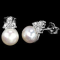 Natural White Pearl, White CuBic Zirconia  Solid .925  Sterling Silver Pendant and Earrings