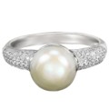 Elegant AAA Natural 9 mm White Pearl, Cr. Diamonds Solid .925 Sterling Silver Size 8 or Q