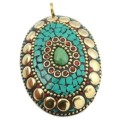 Nepali Natural Green Onyx, Turquoise, Coral Gemstone Solid Brass Pendant