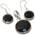 Handmade Dainty Natural Round Black Onyx .925 Silver Pendant & Earrings Set