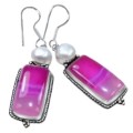 Natural Pink Botswana Lace Agate,Pearl Gemstone .925 Sterling Silver Plated Earrings
