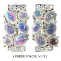 Natural Unheated Rainbow White Fire Opal & White Cubic Z Solid .925 Silver  14K White Gold Earrings