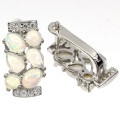 Natural Unheated Rainbow White Fire Opal & White Cubic Z Solid .925 Silver  14K White Gold Earrings