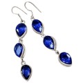 Stunning X Long Pear Shape Sapphire Blue Quartz Gemstone 925 Silver Earrings
