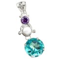 14.31 cts Sky Blue Topaz Pearl and Purple Amethyst Solid .925 Sterling Silver Pendant