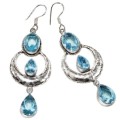 Handmade Extra Long Blue Topaz Gemstone .925 Silver Earrings