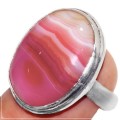 Beautiful Natural Pink Lace Botswana Agate Oval Gemstone .925 Sterling Silver Ring Size 7 / O