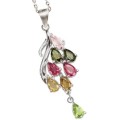 Natural Unheated Multi-Tourmaline Gemstone Solid. 925 Sterling Silver and 14K White Gold Necklace