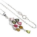 Natural Unheated Multi-Tourmaline Gemstone Solid. 925 Sterling Silver and 14K White Gold Necklace