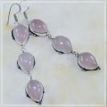 Long Natural Pink Rose Quartz Pear Shape Gemstone Earrings .925 Sterling Silver