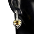 Natural Unheated Yellow Citrine 9 x 4mm AAA White Cz 925 Sterling Silver 14K White Gold Earrings