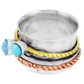 Victorian Two Tone Spinner Ring Natural Turquoise Fire Opal Gemstone Solid .925 Silver Size 7 or O