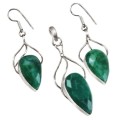 Natural Indian Emerald Quartz Gemstone 925 Silver Pendant and Earrings