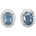 Genuine Natural Blue Sapphire, White Cubic Zirconia Solid .925 Sterling Silver Stud Earrings