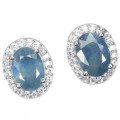 Genuine Natural Blue Sapphire, White Cubic Zirconia Solid .925 Sterling Silver Stud Earrings