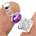 Natural Herkimer Diamond and Purple Amethyst Gemstone Solid .925 Sterling Silver Pendant