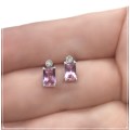 Dainty Natural Pink Sapphire and Diamond Gemstone Solid .925 Sterling Silver Stud Earrings