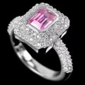 Deluxe Emerald Cut Pink and White Cubic Zirconia Gemstone Solid .925 Silver Ring Size 7 or O