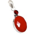 Vibrant Oval Red Coral, Garnet Gemstone .925 Silver Pendant