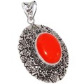 Antique Style Red Coral Gemstone Silver Pendant