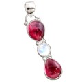 Natural Mozambique Garnet and Rainbow Moonstone Solid .925 Sterling Silver Pendant