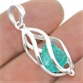 Natural Neon Blue Apatite Rough in a  Solid .925 Sterling Silver Caged Pendant