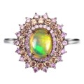 8 x 6 mm Unheated Ethiopian Fire Opal Oval, Sapphires Solid .925 Sterling Ring Size 8