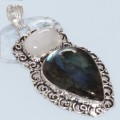 Natural Blue Fire Labradescent Labradorite , Moonstone Gemstone  .925 Silver  Pendant