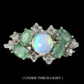 Natural Unheated Full Flash Fire Opal, Emerald, Topaz Solid .925 Silver 14K White Gold Ring Size 9
