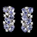 Deluxe Natural Unheated Tanzanite and AAA White CZ Gemstone Solid .925 Silver & White Gold Earrings
