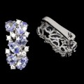 Deluxe Natural Unheated Tanzanite and AAA White CZ Gemstone Solid .925 Silver & White Gold Earrings