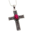 Handmade Antique Style Indian Ruby Gemstone .925 Sterling Silver Cross Necklace
