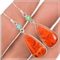 Eye Catching Natural Sponge Coral, Fire Opal Solid .925 Sterling Silver Earrings