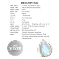 Natural Rainbow Moonstone Pear Gemstone .925 Sterling Silver Ring Size Us 8.5 or Q 1/2