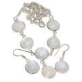 Natural Round Rainbow Moonstone.925 Silver Necklace and Earrings Set