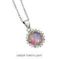 Deluxe Unheated Full Flash Fire Opal, White Cubic Zirconia Solid.925 Sterling Silver Necklace