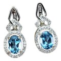 Natural Swiss Blue Topaz White Cubic Zirconia Gemstone Solid .925 Silver 14K White Gold Earrings