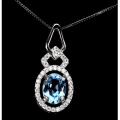 Natural Swiss Blue Topaz White Cubic Zirconia Gemstone Solid .925 Silver 14K White Gold Necklace