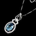 Natural Swiss Blue Topaz White Cubic Zirconia Gemstone Solid .925 Silver 14K White Gold Necklace