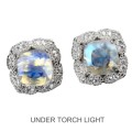 Natural Unheated Blue Schiller Moonstone, White Cubic Zirconia Solid .925  Silver Stud Earrings