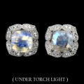 Natural Unheated Blue Schiller Moonstone, White Cubic Zirconia Solid .925  Silver Stud Earrings