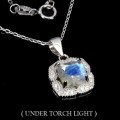 Natural Unheated Blue Schiller Moonstone, White Cubic Zirconia Solid .925  Silver Necklace