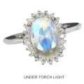 Natural Unheated Blue Schiller Moonstone, White Cubic Zirconia Solid .925  Silver Ring Size 7 or O