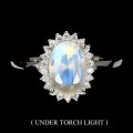 Natural Unheated Blue Schiller Moonstone, White Cubic Zirconia Solid .925  Silver Ring Size 7 or O
