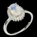 Natural Unheated Blue Schiller Moonstone, White Cubic Zirconia Solid .925  Silver Ring Size 7 or O