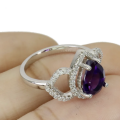 Natural Unheated Purple Amethyst, White Cz Solid .925 Silver 14K white Gold Ring 7 or O